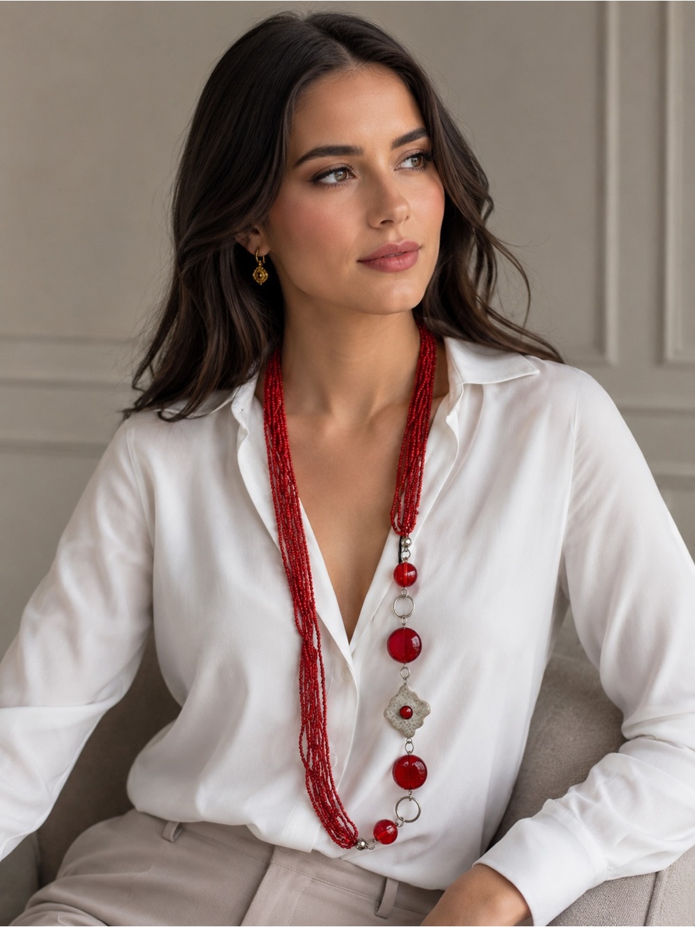 Handmade Elegant Red Beaded Long Necklace - Women Jewelry